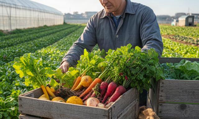 東京近郊の農家が収穫した野菜を木箱に詰めて産直販売する様子